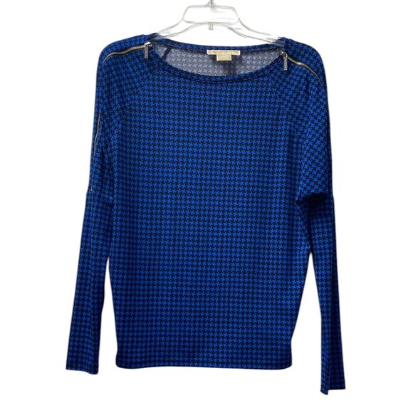 Michael Kors Bright Blue and Black Houndstooth Long Sleeve Top, Size P/M - Picture 1 of 10